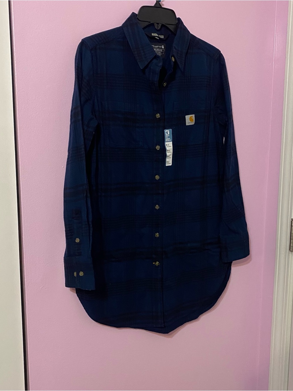 Carhartt rugged flex midweight relaxed fit navy black plaid tunic flannel small